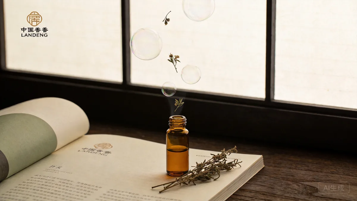 Dried herbs and a small amber bottle with delicate molecule spheres drifting above.