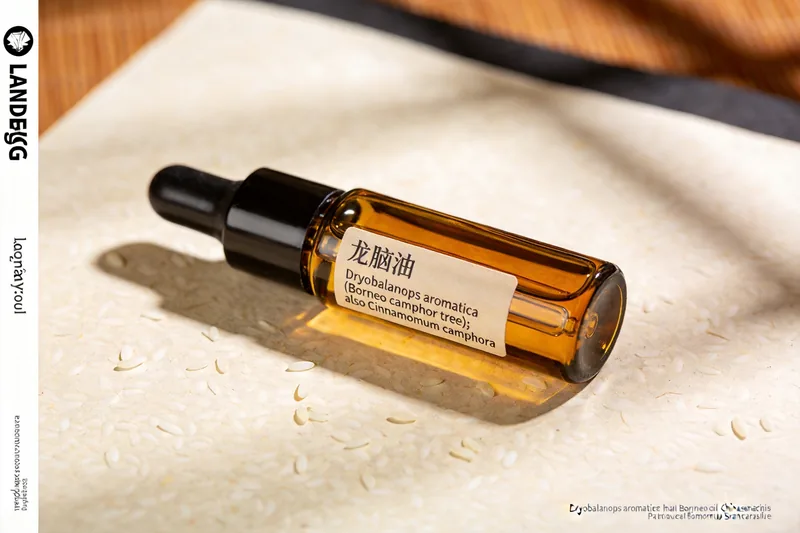 Raw Borneol Oil (Dryobalanops aromatica (Borneo camphor tree); also Cinnamomum camphora) botanical material, editorial still life