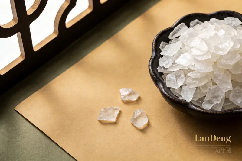Translucent white borneol crystals in a dark ceramic dish.
