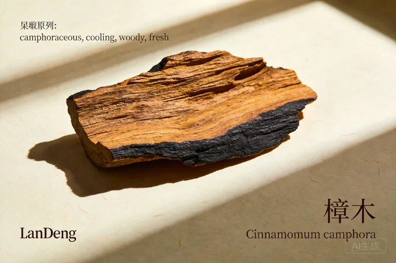 Raw Camphor (Cinnamomum camphora) botanical material, editorial still life