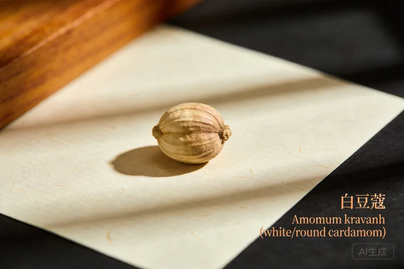 Raw Cardamom (Amomum kravanh (white/round cardamom)) botanical material, editorial still life