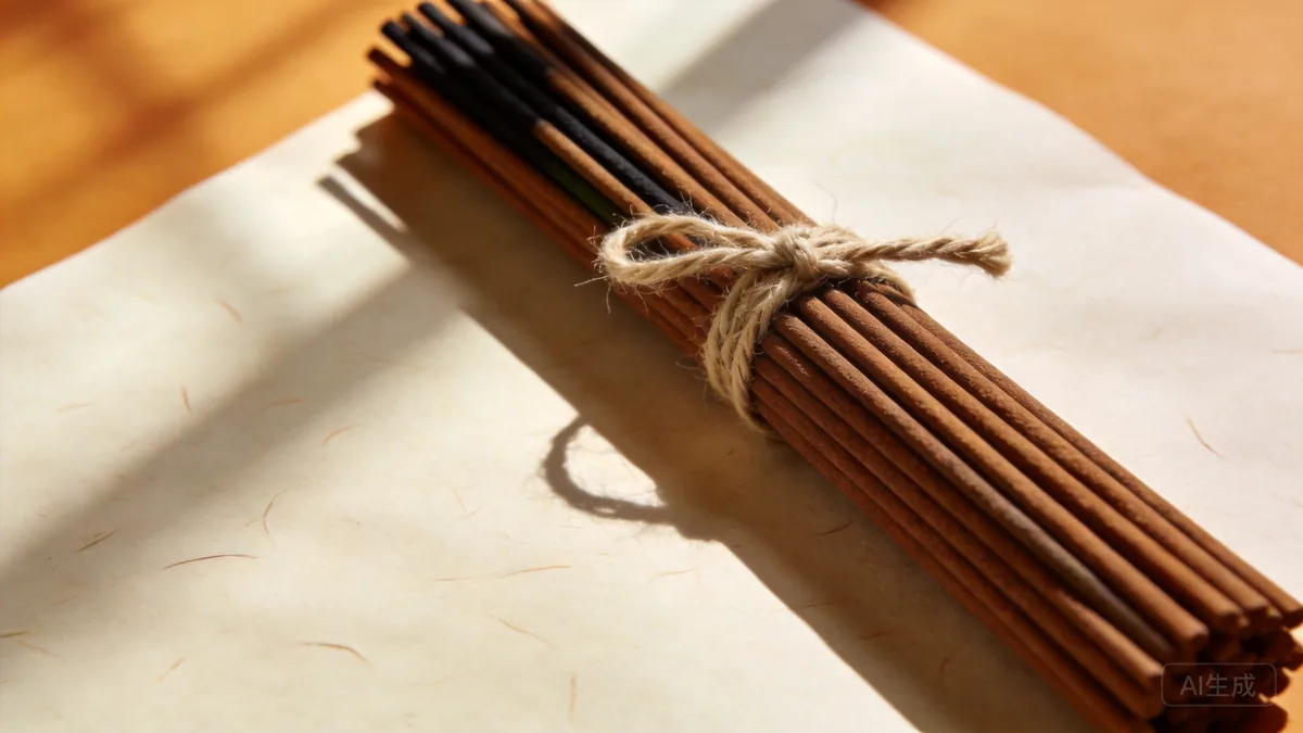 Bundle of hand-made Chinese incense sticks tied with cotton twine on rice paper