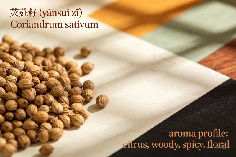 Raw Coriander Seed (Coriandrum sativum) material, editorial still life