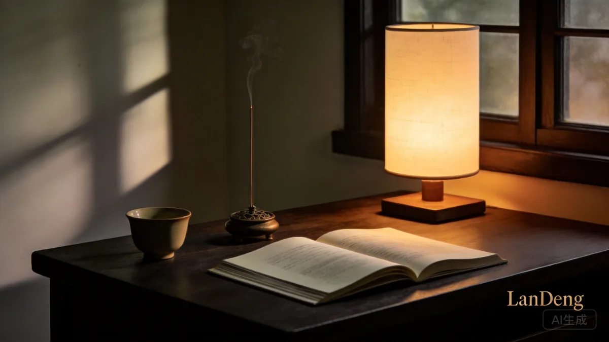 Quiet evening scene with tea cup, censer and open book on a dark wood desk