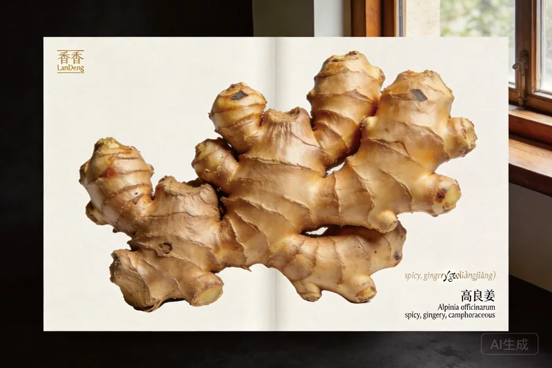 Raw Galangal (Alpinia officinarum) material, editorial still life