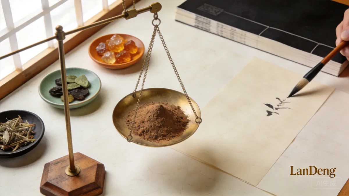 Flat lay of incense blending with brass scale weighing wood powder