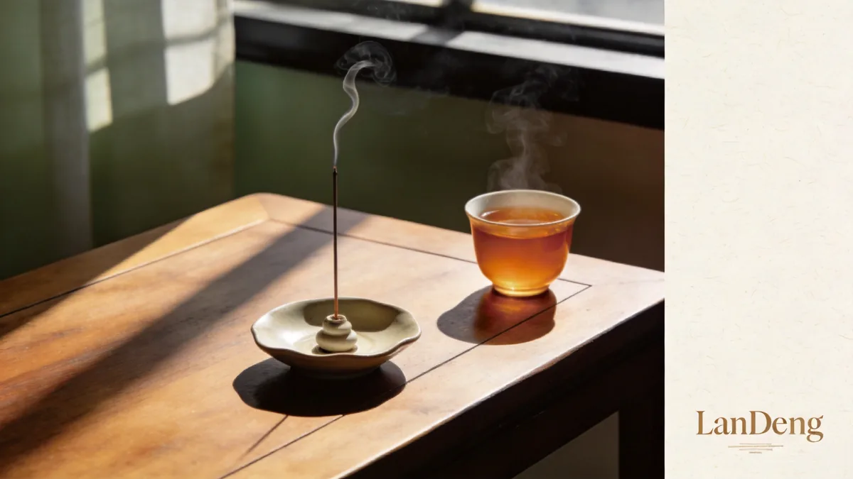 Tea and a thin line of incense smoke on a table in soft morning light.