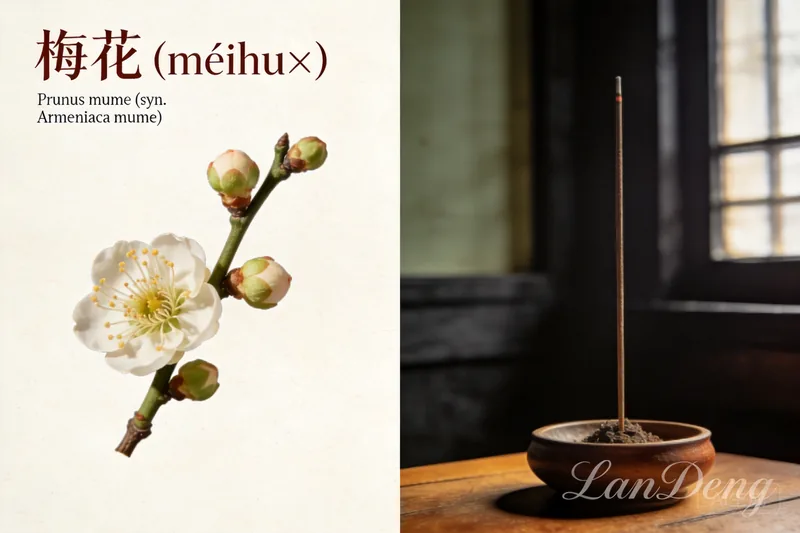 Raw Plum Blossom (Prunus mume (syn. Armeniaca mume)) botanical material, editorial still life