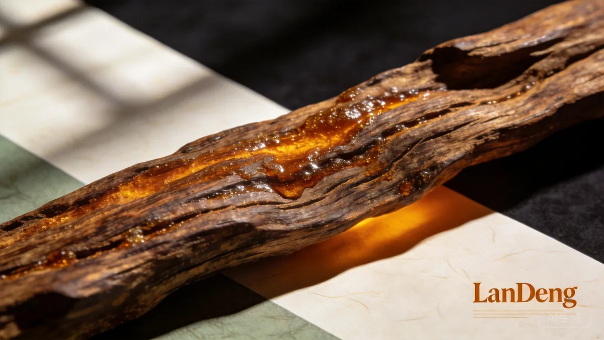 Extreme close-up of qinan agarwood surface with rich resin veins and oily texture