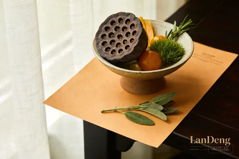 Lotus pod and summer aromatics in a ceramic dish