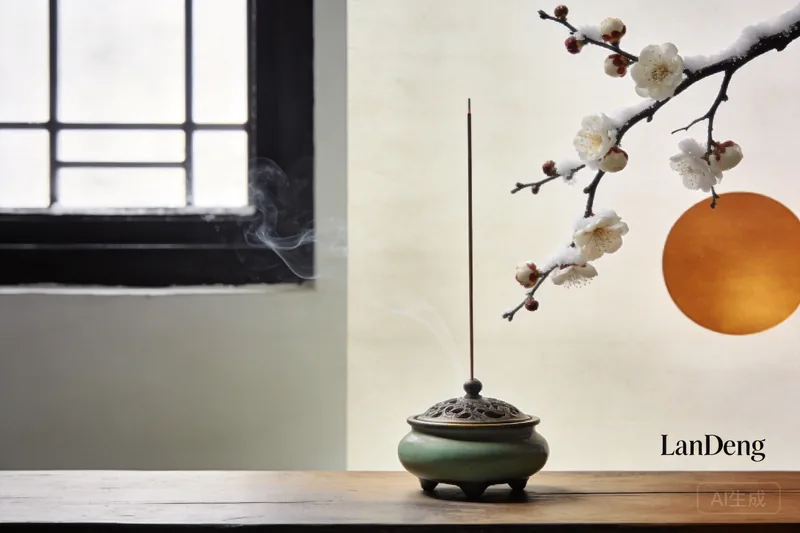Plum blossoms on a winter branch beside a small smoking censer