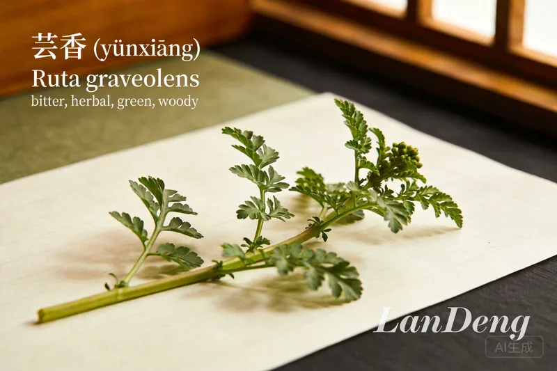 Raw Rue (Ruta graveolens) material, editorial still life