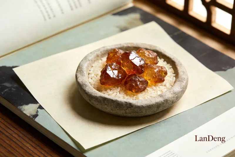 Warm brown sweetgum resin lumps on a stone dish.